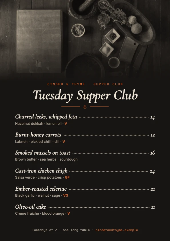 Cinder & Thyme menu, A4